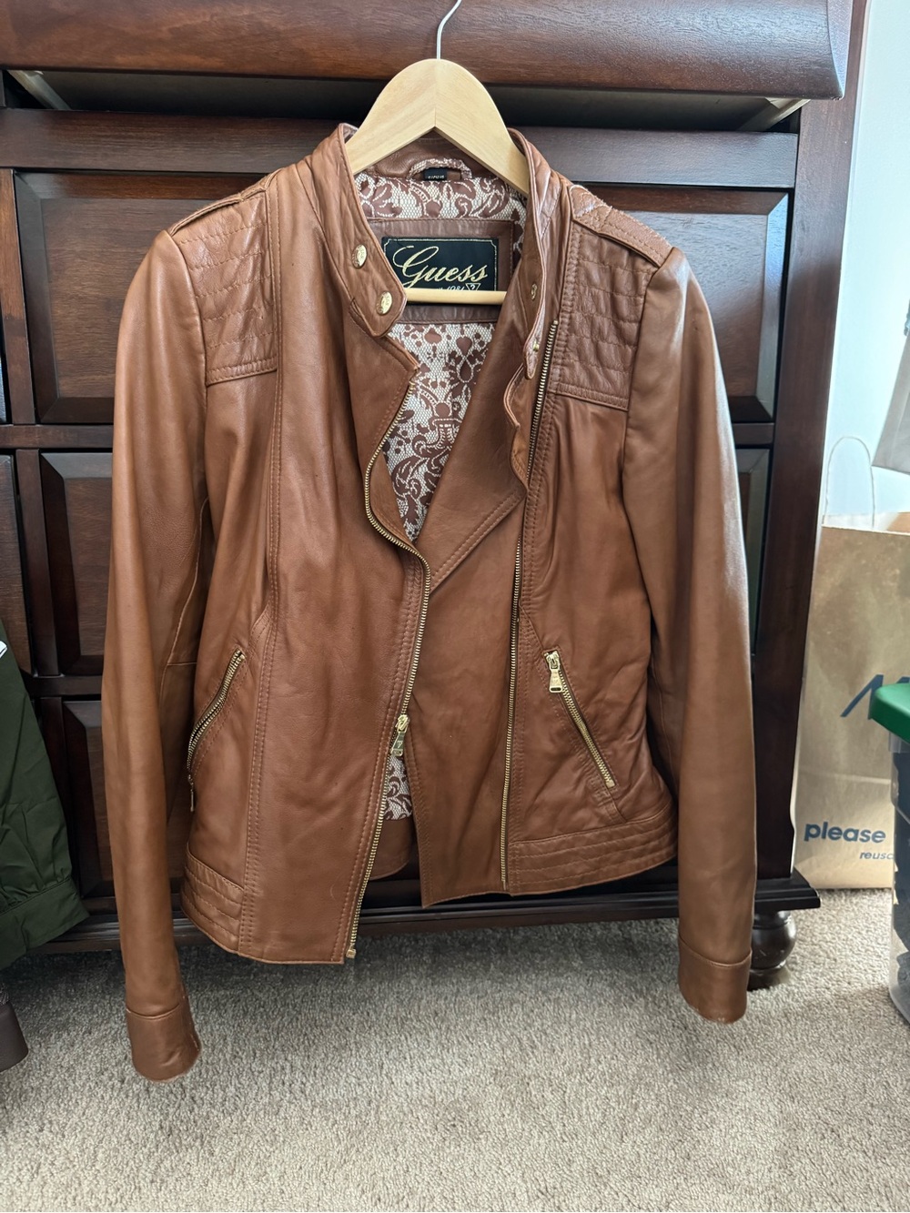 GUESS Brown Leather Moto-Style Jacket with Gold Hardware